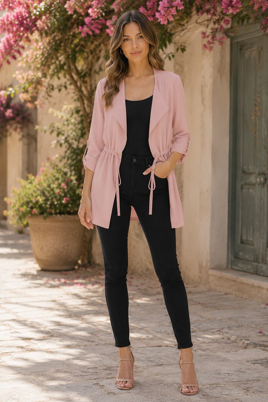 Pink Lightweight Drawstring Waist Jacket Open Front Roll Tab Sleeve Blazer